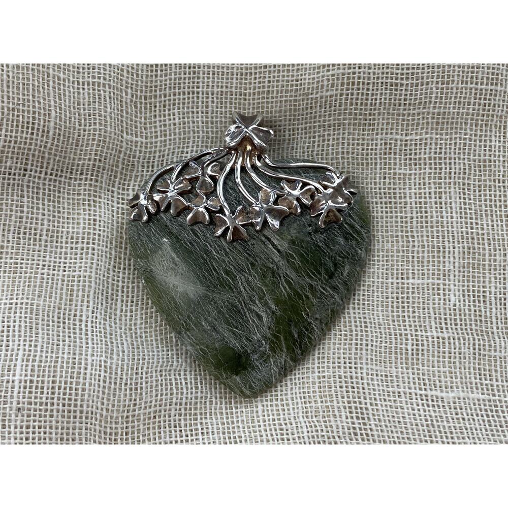 Sterling Silver 925 Large Connemara Marble Carved Heart Pendant Ireland Shamrock
